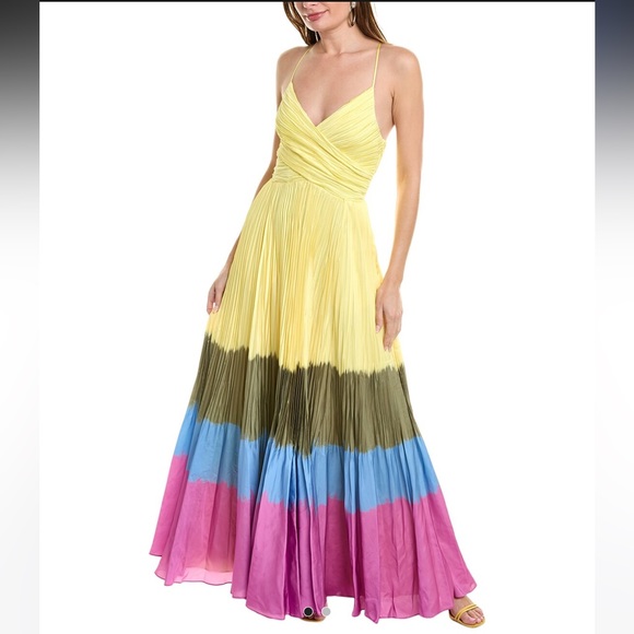 Jonathan Simkhai MilenaMaxi GownSize 6 Daffodil Dip Dye Multi-Color Plissé NWT - Picture 1 of 5